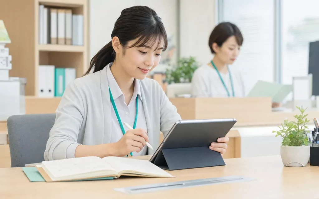 紙の記録とタブレットを併用して支援記録を入力する福祉事業所の職員