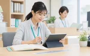 紙の記録とタブレットを併用して支援記録を入力する福祉事業所の職員