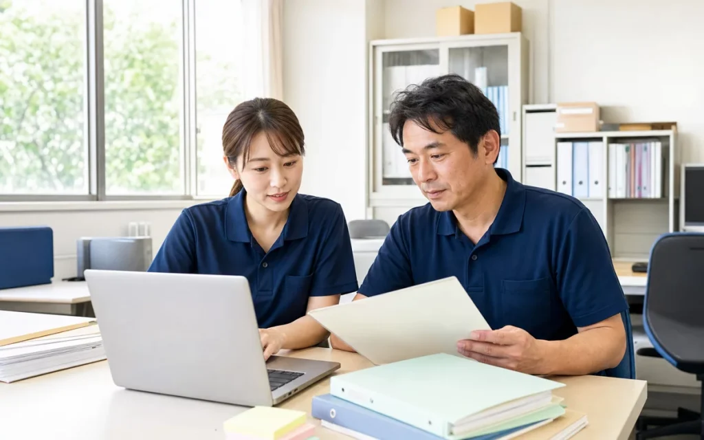 福祉事業所の事務室で職員がノートパソコンとファイルを使い運営指導に向けた書類を確認している様子