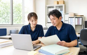 福祉事業所の事務室で職員がノートパソコンとファイルを使い運営指導に向けた書類を確認している様子