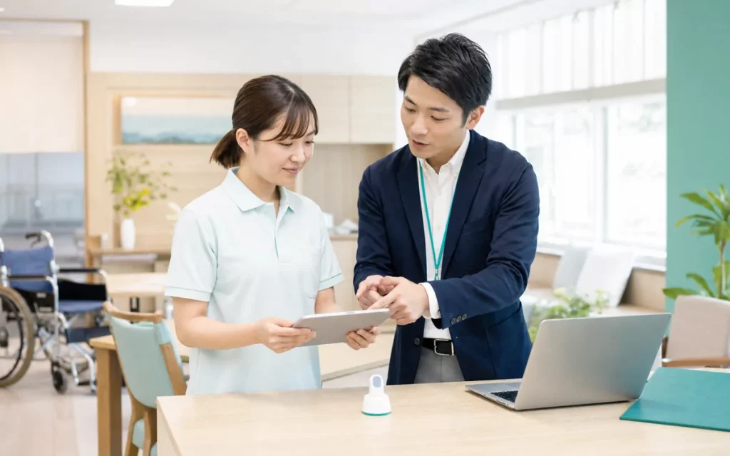 介護テクノロジー導入についてタブレットを見ながら相談する福祉職員と支援担当者