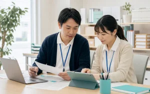 大阪の障がい福祉事業所でICT補助金の申請書類を確認する職員