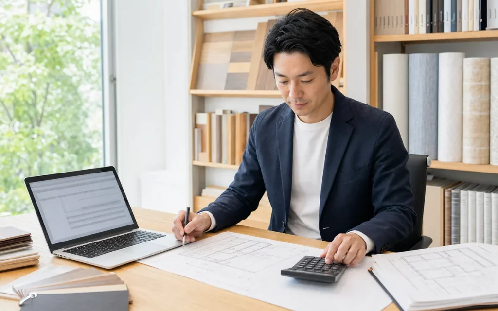 リフォーム会社の事務所で図面と電卓を使いながらパソコンの見積書の内訳を確認する社員