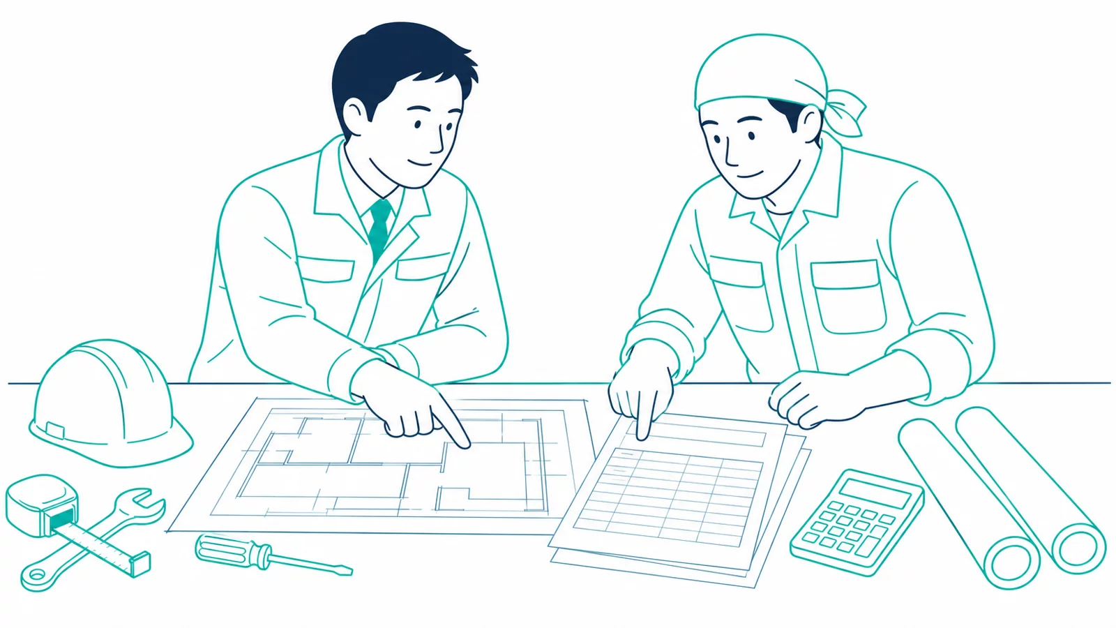 元請の担当者と職人が、図面と見積書類を指しながら工事の内訳を確認しているイラスト
