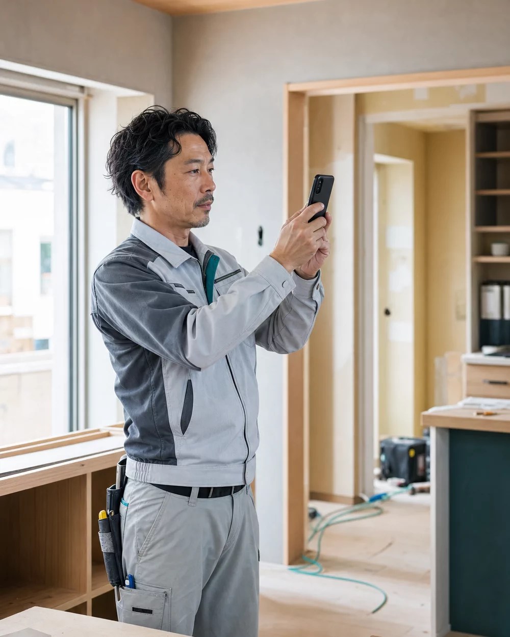 リフォーム現場でスマートフォンから施工写真を共有するスタッフ