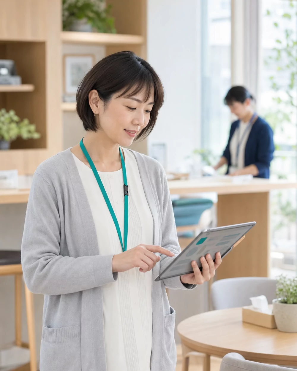 タブレットで支援記録を入力する福祉事業所の職員