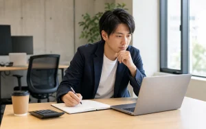 オフィスでノートパソコンに向かい、開発ツールの料金プランを比較検討している30代の男性エンジニア