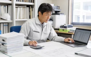 工務店の事務所で図面を広げ、パソコンの原価一覧を見ながら実行予算を確認する現場責任者