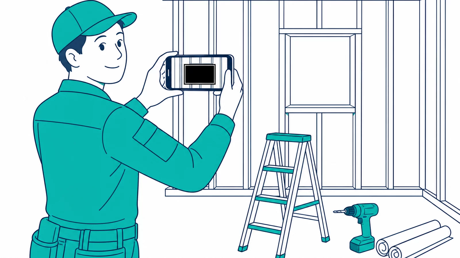 現場でスマートフォンを使って工事写真を撮影する職人のイラスト